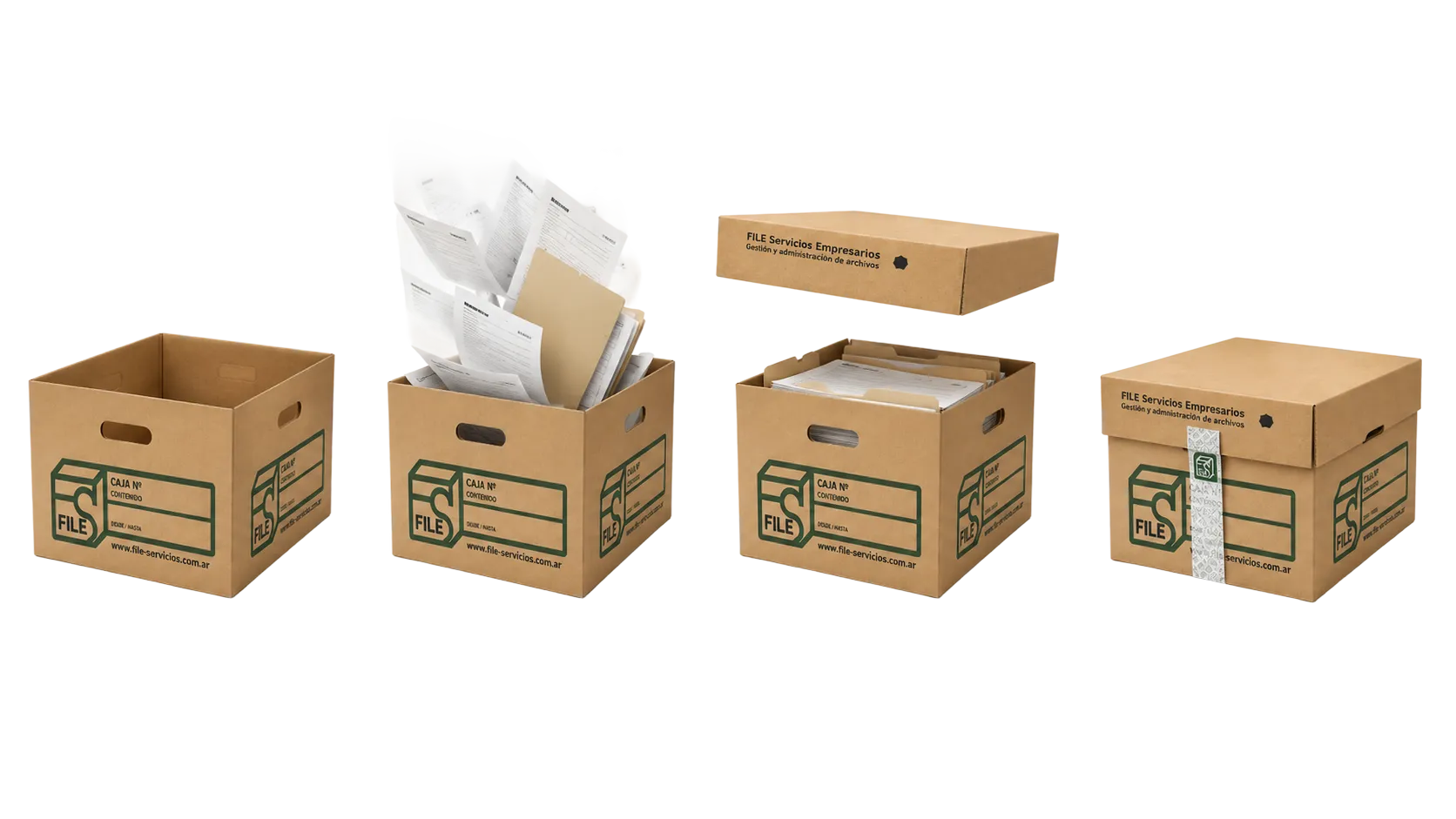 Caja de archivo FILE abierta, con documentos adentro y la tapa flotando arriba