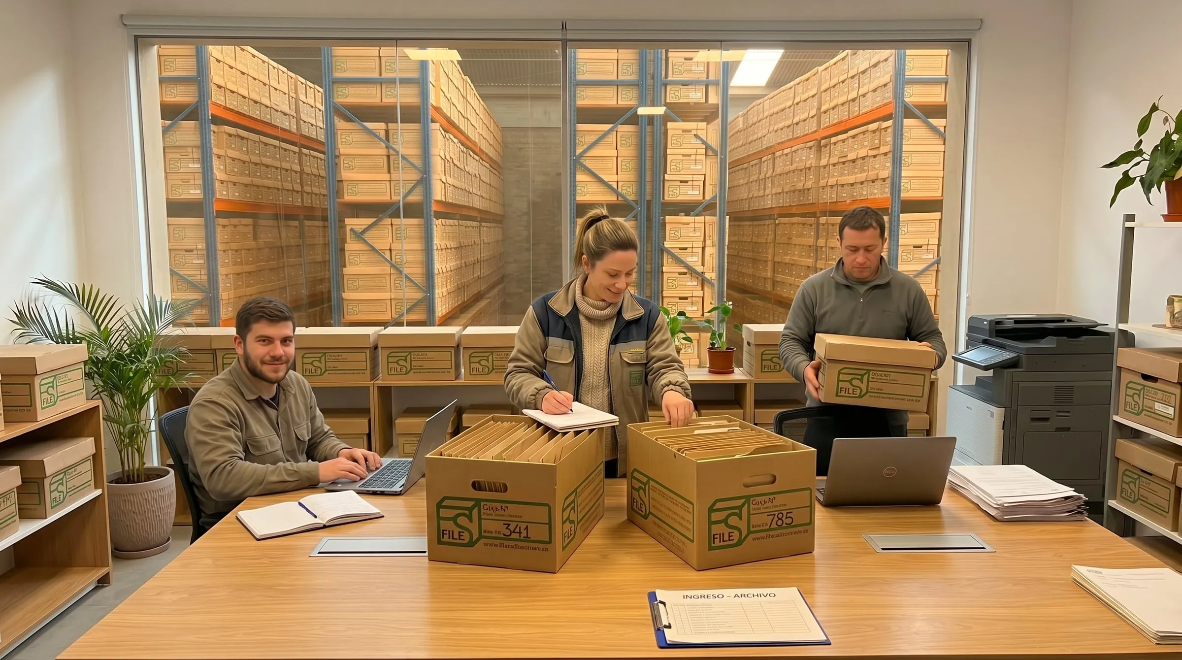 Equipo de FILE relevando un ingreso de cajas en la oficina, con las estanterías del depósito detrás del ventanal