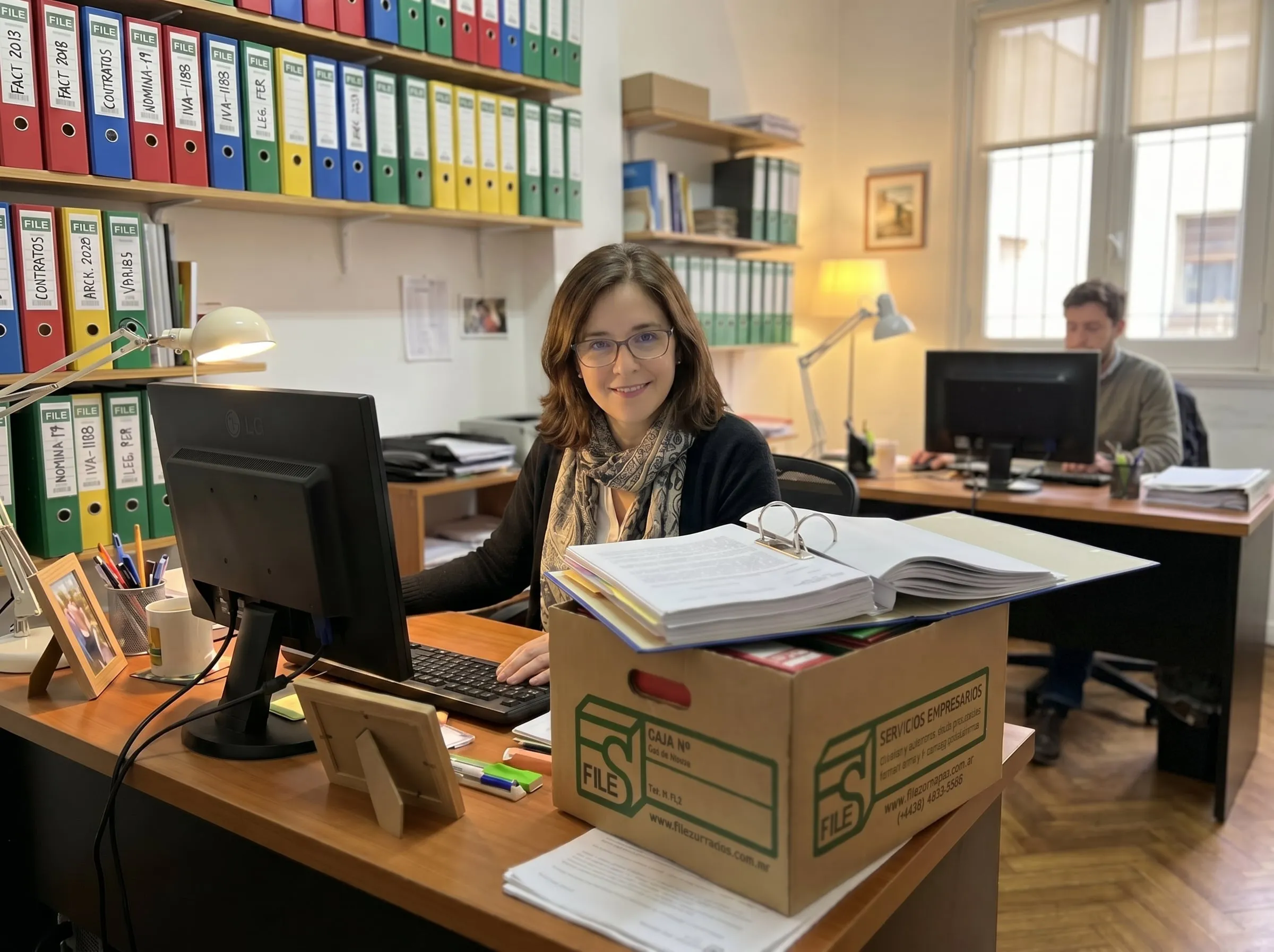 Oficina de un cliente con una caja FILE sobre el escritorio llena de carpetas y documentos originales, y biblioratos en la pared