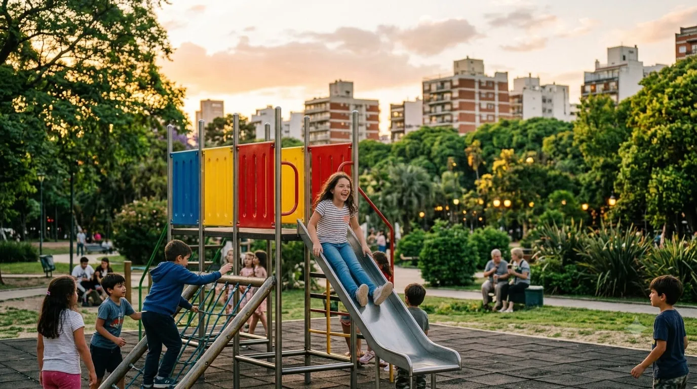 Niños jugando en una plaza con mucho verde y árboles al atardecer